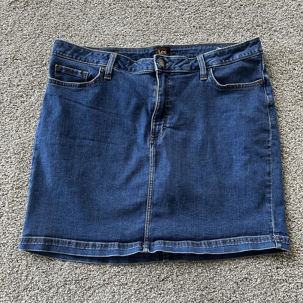 Lee Skort Womens 18 Blue Denim Solid Pencil Short Lined Stretch Pockets Zip